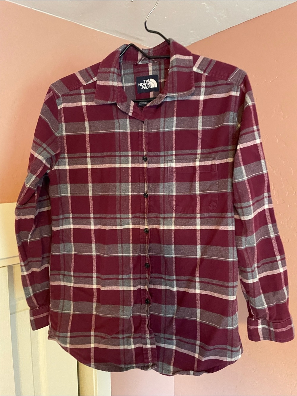 The North Face Women's Burgundy and Gray Plaid Button-Down Shirt